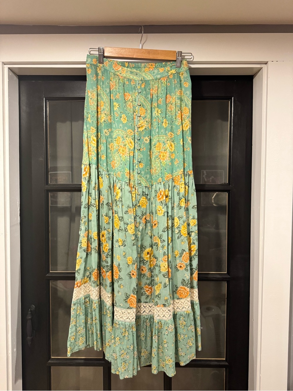 Spell Melody Boho Floral Maxi Skirt - Mint Green w/Yellow Flowers M - Picture 1 of 5